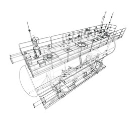 Detailed Wireframe of a Submarine. Vector