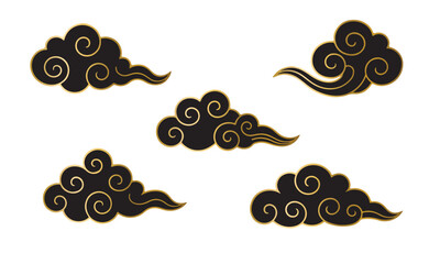 Collection of stylized Asian clouds with elegant golden swirls, isolated traditional ornamental design elements on a white background