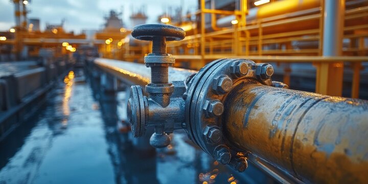 Tanker ship pipeline with valve connecting pipes at dusk - Powered by Adobe