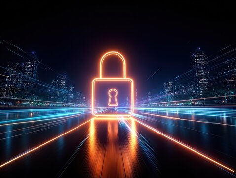 Glowing padlock over a city street with light trails representing cybersecurity and data protection
