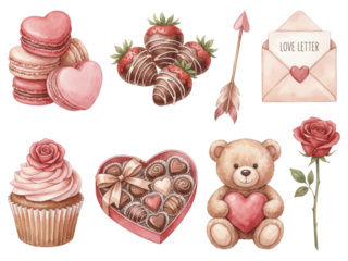 Valentine's Day Watercolor Desserts and Gifts on White