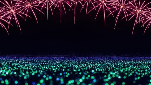 Pink Fireworks over Sparkling Blue Lights A Festive Night Sky Panorama with Bokeh Lighting & Celebration - Powered by Adobe