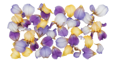 Scattered colorful flower petals in purple yellow and white on black background