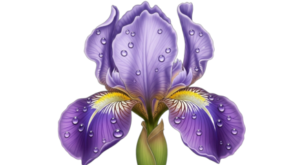 Close up of a delicate purple iris flower with water droplets on black background