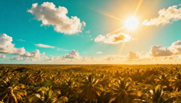 Golden sunburst over lush tropical palm forest, vibrant teal sky and fluffy cloudscape at dawn, conveying serenity and paradise.