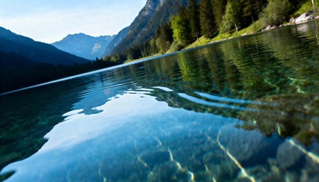 Serene mountain lake reflection under bright daylight with clear water revealing pebbles below - Powered by Adobe