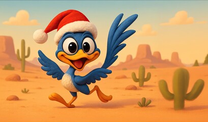 Happy Roadrunner Wearing a Santa Claus Hats in the Desert