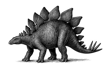 Fototapeta premium Detailed stegosaurus sketch with spikes and plates in black and white engraving style
