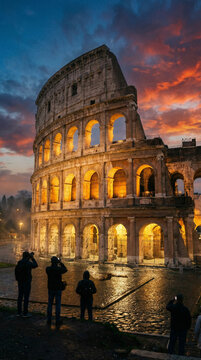 Dusk at the Colosseum, where vibrant skies meet ancient stones, ideal for travel magazines or evening event promotions.