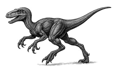 Fototapeta premium Detailed black and white velociraptor sketch in dynamic pose