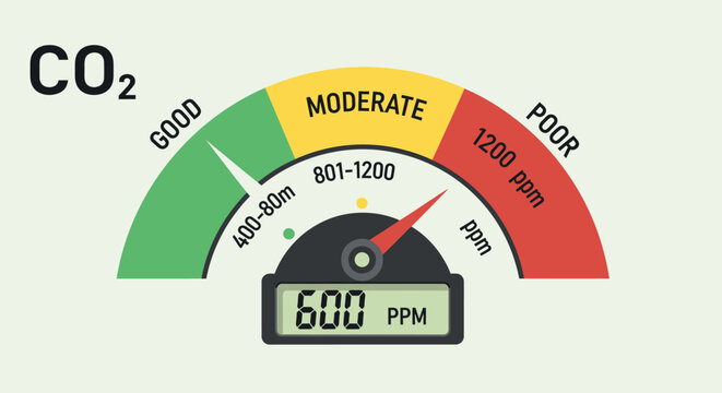 Illustration of a CO2 level indicator showing good moderate and poor air quality status