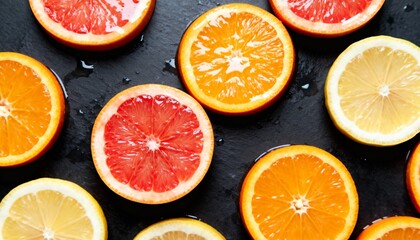 Vibrant citrus fruit slice arrangement on dark slate with water droplet detail for healthy lifestyle and refreshment themes