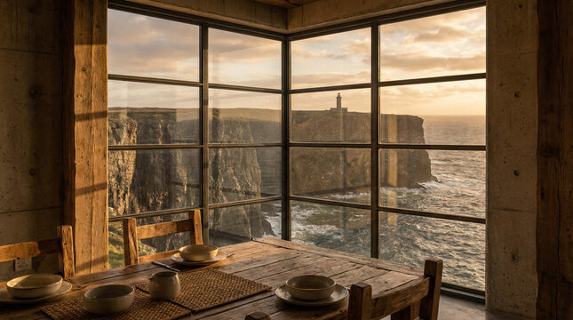 Charming dining space with a wooden table and ocean views, perfect for creating a serene atmosphere in home decor or vacation rentals.