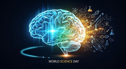 Celebrate World Science Day with a stunning brain illustration representing technology, innovation, and human potential in a visually engaging way
