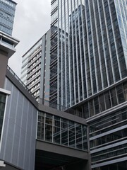 a vertical low-angle view of modern office building exteriors in a corporate park of shenzhen, china