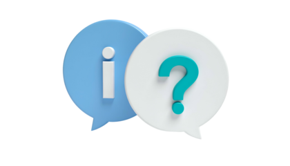 Two speech bubbles, one blue with "i", one white with "?", 3D rendered on black