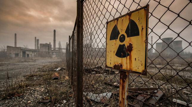 A rusted radiation warning sign in front of an abandoned industrial site, ideal for post-apocalyptic themes.