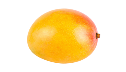A ripe mango, vibrant yellow-orange skin with red blush, sits isolated on a black background