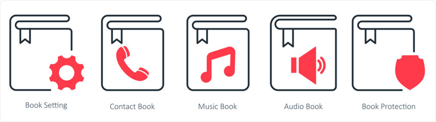 A set of 5 document icons as book setting, contact book, music book