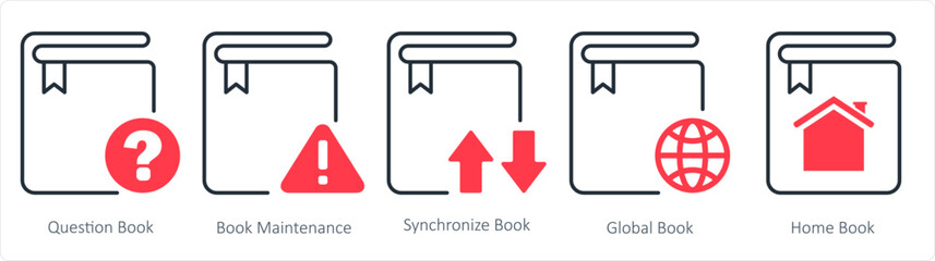 A set of 5 document icons as question book, book maintenance, synchronize book