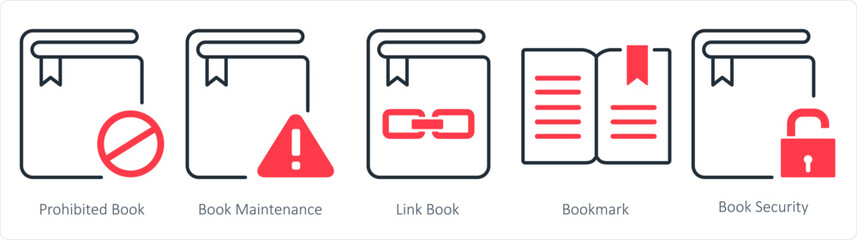 Fototapeta premium A set of 5 document icons as prohibited book, book maintenance, link book