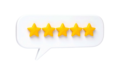White speech bubble showing five golden stars for perfect customer review