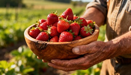 Freshly Harvested Strawberry Bounty in Rustic Wooden Bowl Held by Farmer in Sunlit Field