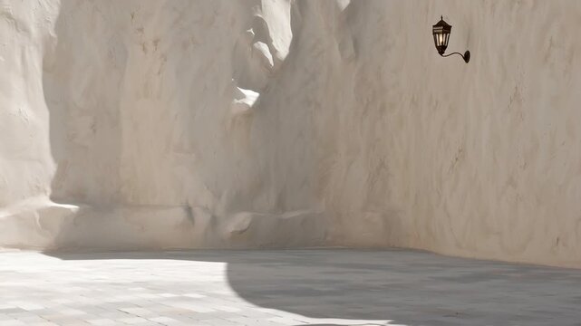 Empty white courtyard with a large ceramic pot a lamppost and sunlit patches on the paved surface calm architectural space