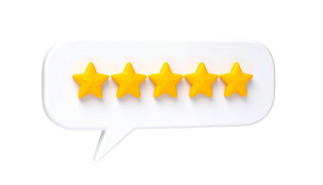 White speech bubble showing five golden stars for perfect customer review