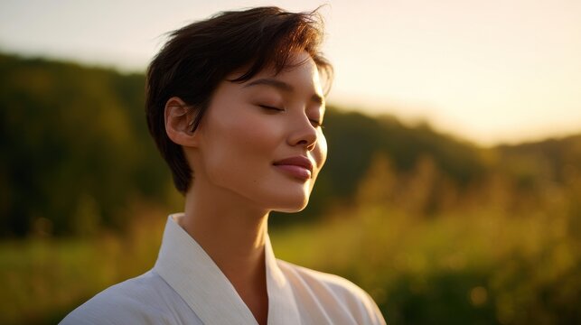 Woman meditates in nature