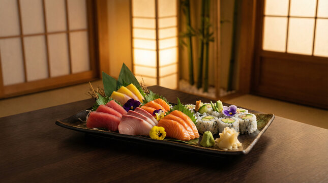 An exquisite sushi and sashimi platter artfully arranged, ideal for gourmet dining experiences or culinary showcases.