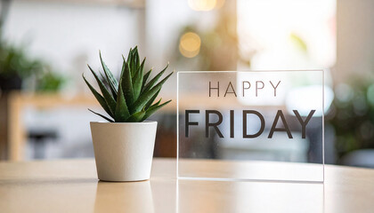 Transparent acrylic Happy Friday sign in Clean modern office desk with succulent plant 