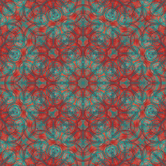 Seamless geometric mandala pattern in red and turquoise colors, perfect for backgrounds, textiles and decorative designs.