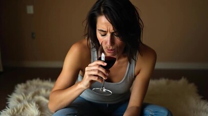 A woman is sitting on a fluffy rug, drinking red wine from a glass. She appears to be concentrating on the taste of the wine.