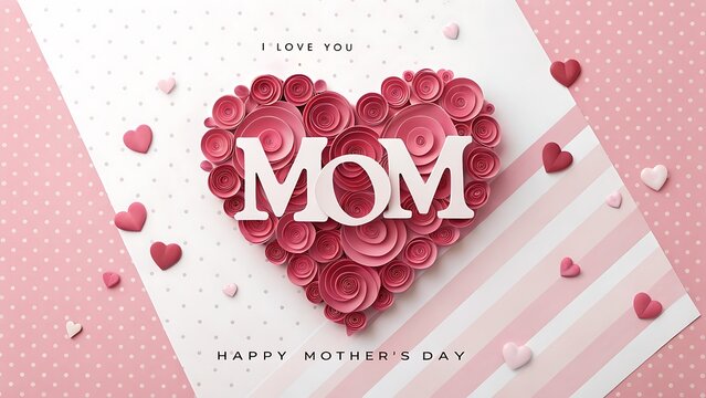Beautiful paper quilling heart decoration with the word mom inside, perfect for happy mothers day greeting card design on pink background