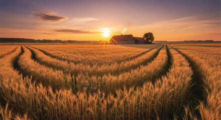 A photorealistic harvest landscape captures a classic small farm house nestled securely in the vast, golden expanse of ripening wheat fields under a clear sky, illustrating peaceful rural life. © Rahmanart