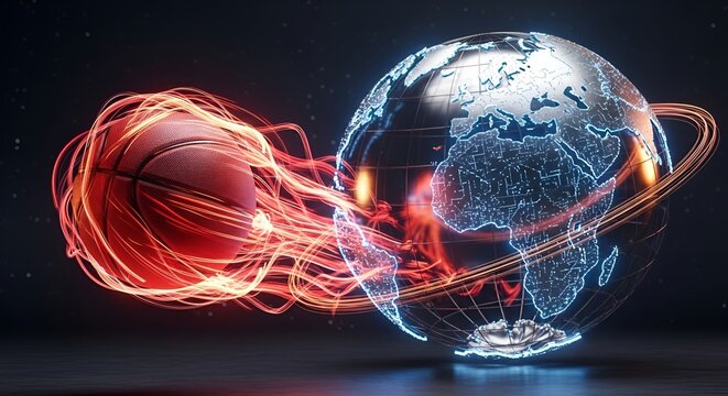 A dynamic digital artwork shows a basketball propelled towards a stylized, illuminated earth globe - Powered by Adobe