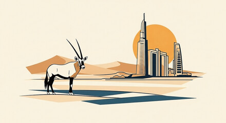 Oryx standing in front of a futuristic desert city skyline at sunset illustration