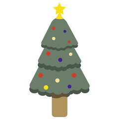 A flat illustration of a decorated Christmas tree. The tree is a muted green color with colorful ornaments and topped with a yellow star on transparent background
