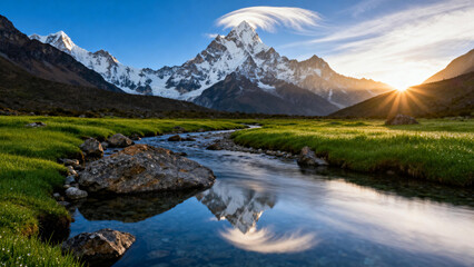 mountain landscape with lake and mountains
