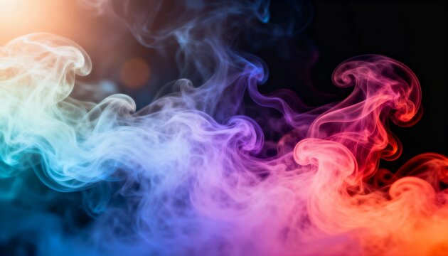 Ethereal swirling smoke plume with vibrant gradient of cool blue to warm red, abstract wispy vapor effect against dark background, dynamic texture for design - Powered by Adobe
