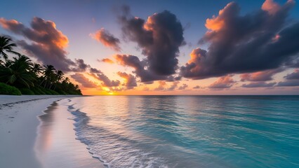 Vibrant sunrise paints a serene tropical beach, showcasing golden light reflecting on calm turquoise ocean waters and dramatic clouds above a pristine island paradise shore