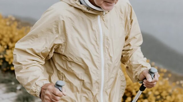 Person with trekking poles in a beige windbreaker walking along a hilly trail lined with yellow shrubs
