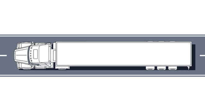 A top-down view of a white semi-truck with a long trailer driving on a straight gray road with white lines, illustrating transportation and logistics.