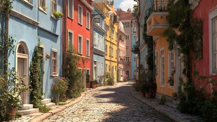 Fototapeta premium A colorful, narrow European street with cobblestone pavement, lined with old charming buildings painted in vibrant colors such as blue, red, yellow, and earthy tones.