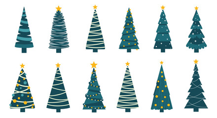 Obraz premium A collection of diverse teal and dark blue Christmas trees with yellow star toppers and festive decorations.