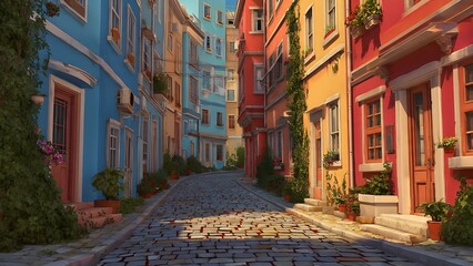 A colorful, narrow European street with cobblestone pavement, lined with old charming buildings painted in vibrant colors such as blue, red, yellow, and earthy tones.