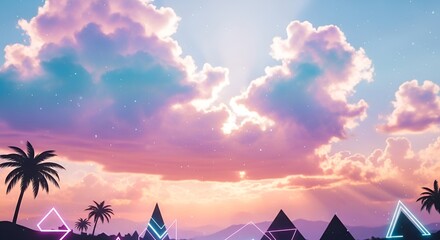 Dreamy sunset scene features pink and purple clouds with palm trees and neon geometric shapes.