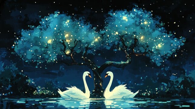 Two swans under a luminous tree at night