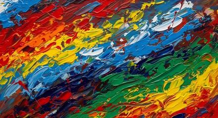 Dynamic swirls of vibrant hues create an abstract impasto painting with bold texture and playful